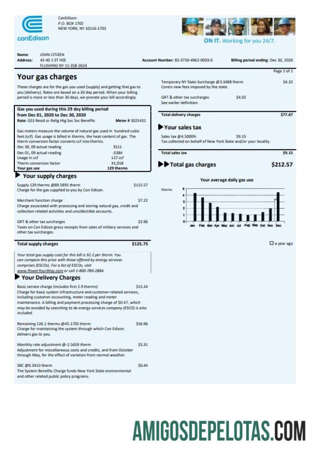 imprimível Modelo de conta de serviços públicos de gás Con Edison dos EUA em formato Word e PDF